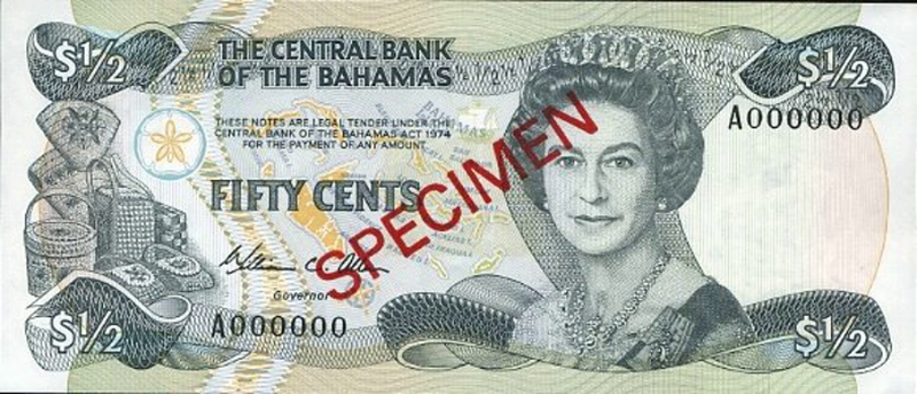 Front of Bahamas p42s: 0.5 Dollar from 1974