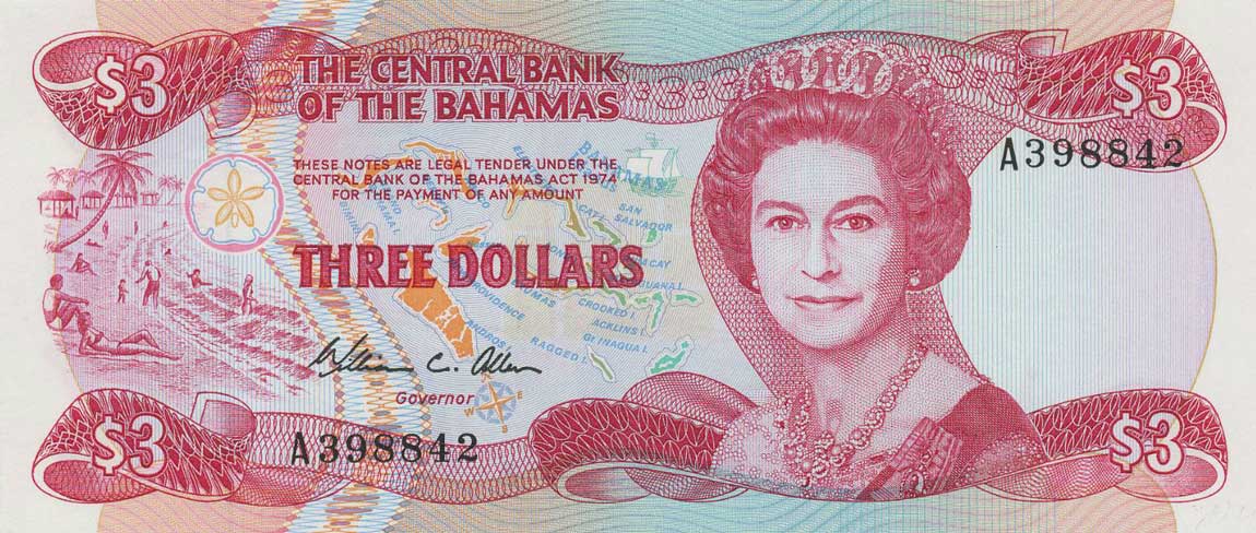 Front of Bahamas p44a: 3 Dollars from 1974