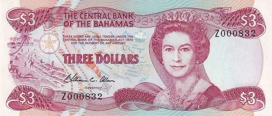 Front of Bahamas p44r: 3 Dollars from 1974