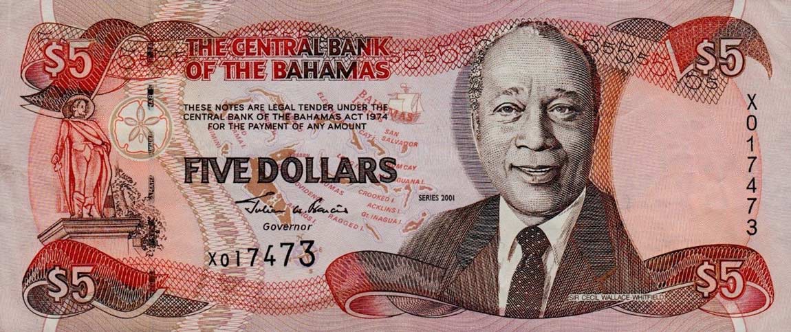 Front of Bahamas p63b: 5 Dollars from 2002