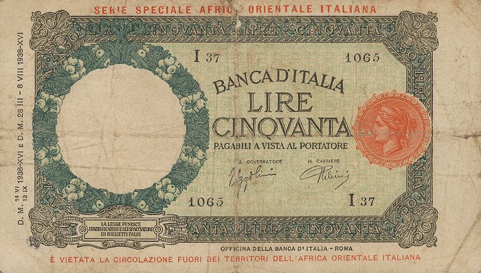 Front of Italian East Africa p1a: 50 Lire from 1938