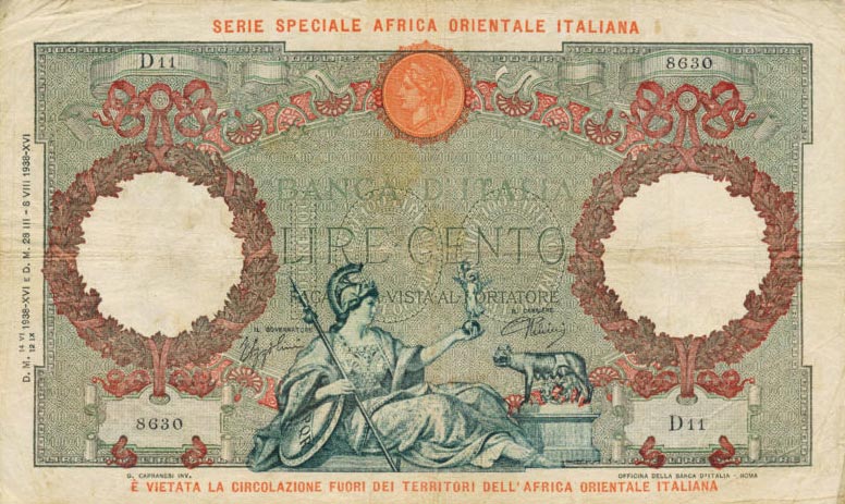 Front of Italian East Africa p2a: 100 Lire from 1938