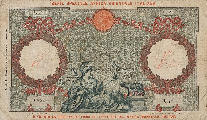 Front of Italian East Africa p2b: 100 Lire from 1939