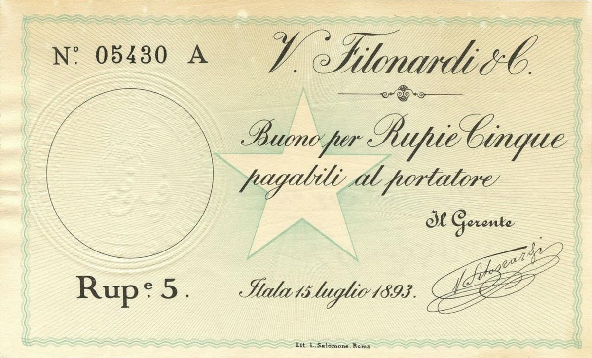 Front of Italian Somaliland p1: 5 Rupia from 1893