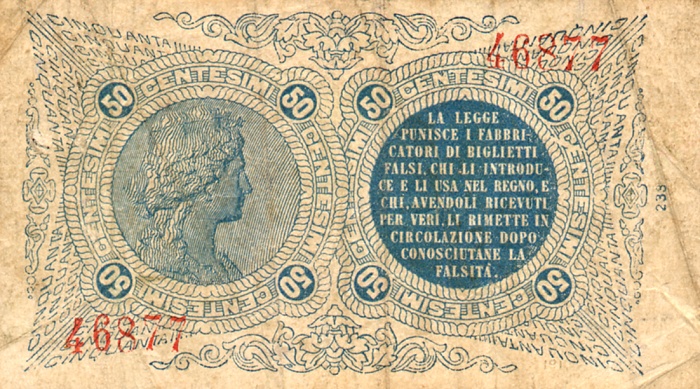 Back of Italy p1: 50 Centesimos from 1874