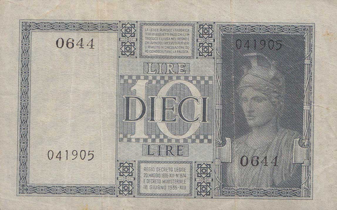 Back of Italy p25c: 10 Lire from 1939