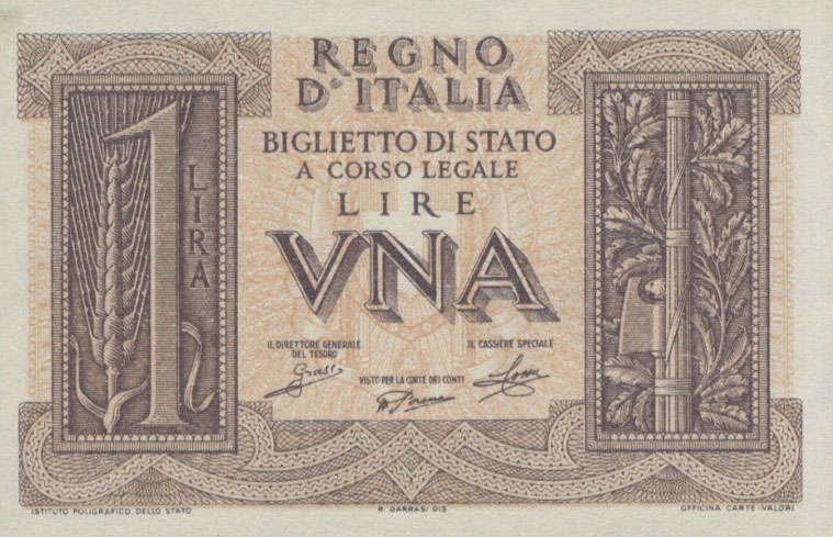 Front of Italy p26: 1 Lira from 1939