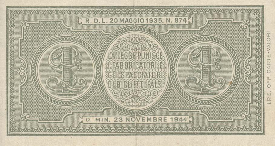 Back of Italy p29a: 1 Lira from 1944