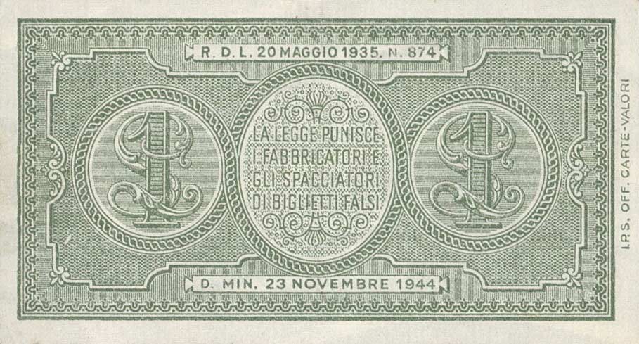 Back of Italy p29c: 1 Lira from 1944