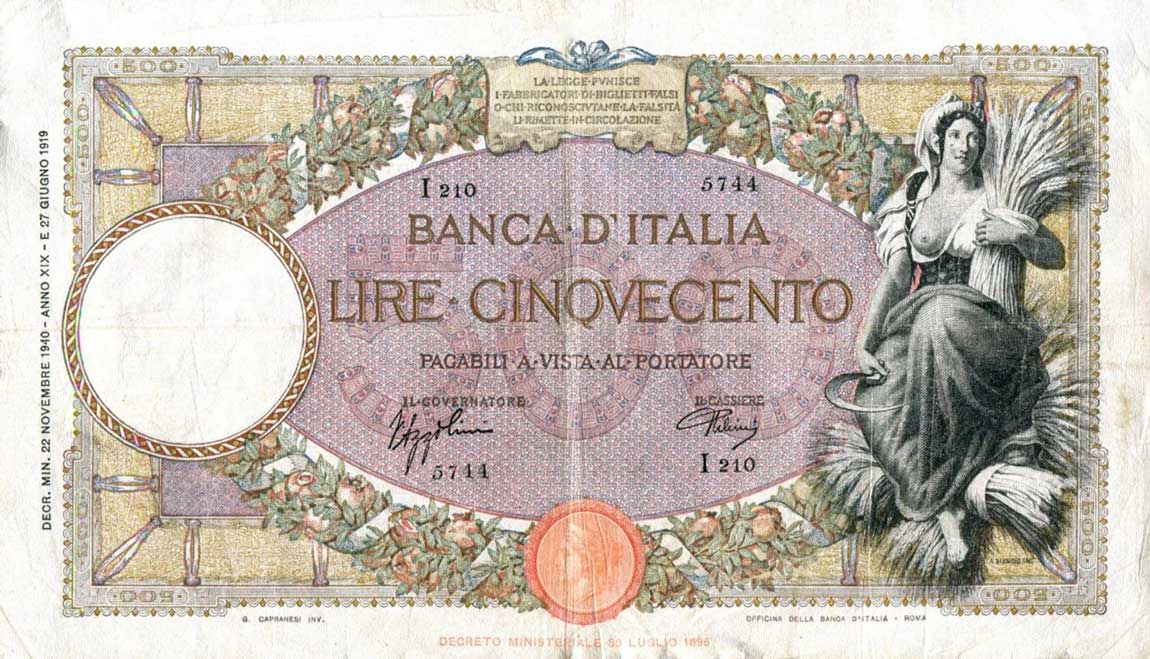 Front of Italy p51d: 500 Lire from 1937