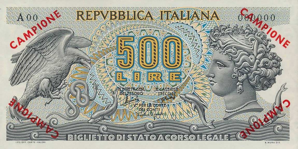 Front of Italy p93s: 500 Lire from 1966