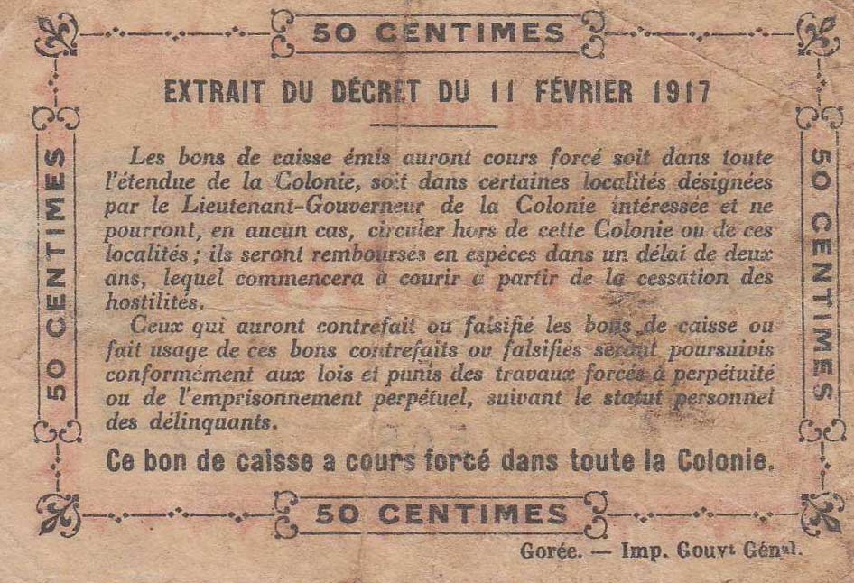 Back of Ivory Coast p1b: 0.5 Franc from 1917
