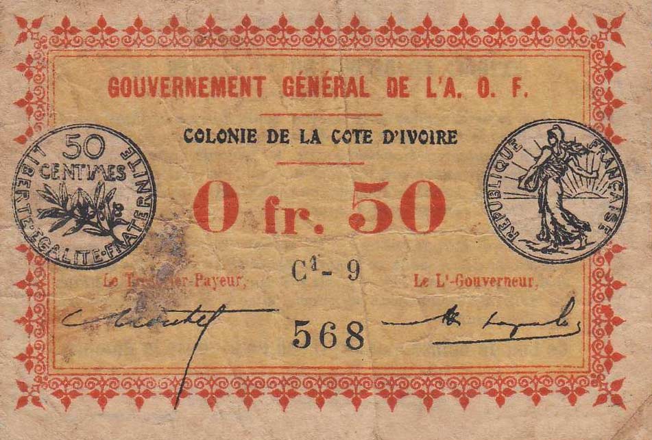 Front of Ivory Coast p1b: 0.5 Franc from 1917