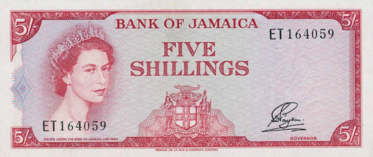 Front of Jamaica p51Ab: 5 Shillings from 1964