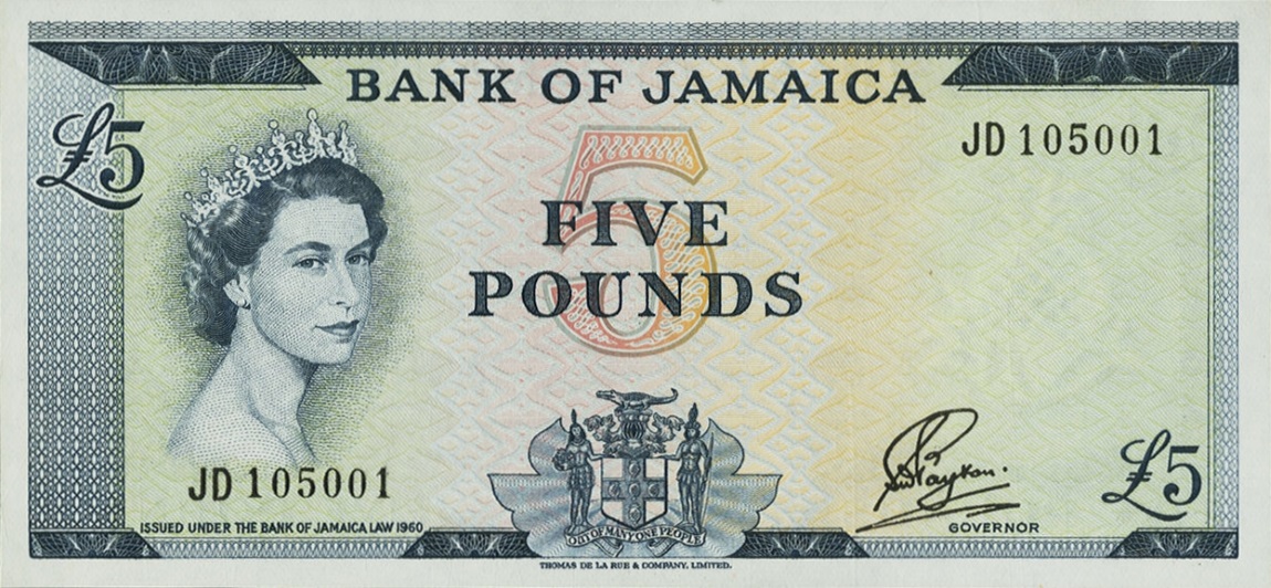 Front of Jamaica p52b: 5 Pounds from 1964