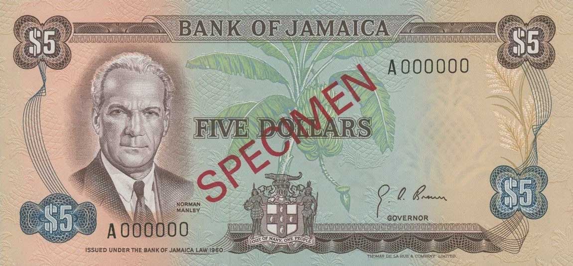 Front of Jamaica p56s: 5 Dollars from 1970