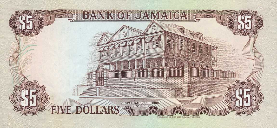 Back of Jamaica p70b: 5 Dollars from 1987