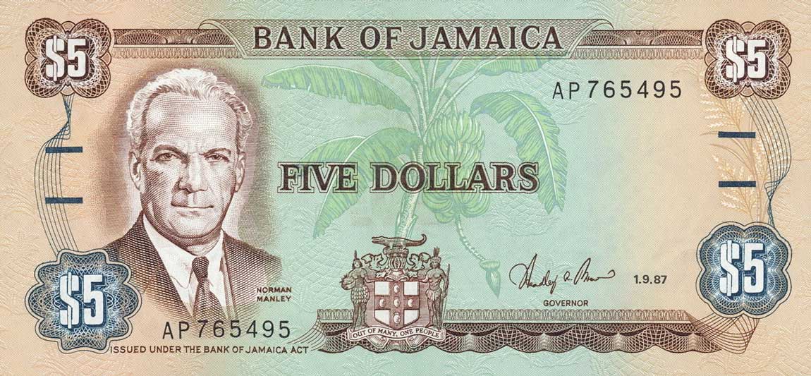 Front of Jamaica p70b: 5 Dollars from 1987