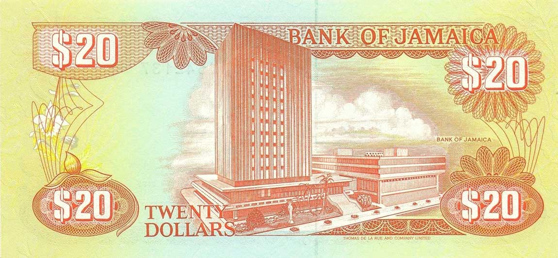 Back of Jamaica p72e: 20 Dollars from 1995
