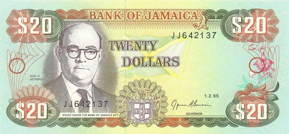 Front of Jamaica p72e: 20 Dollars from 1995