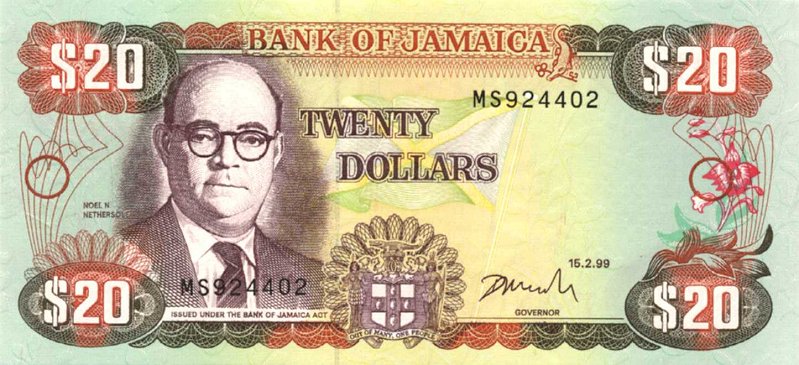 Front of Jamaica p72f: 20 Dollars from 1996