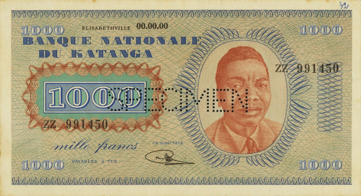 Front of Katanga p10s: 1000 Francs from 1960