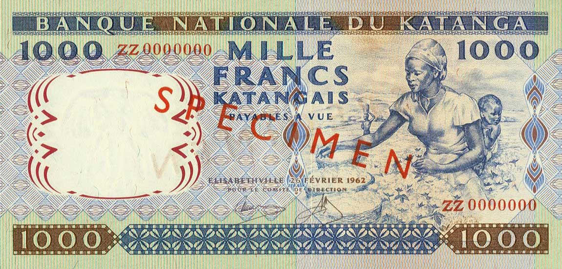 Front of Katanga p14s: 1000 Francs from 1962
