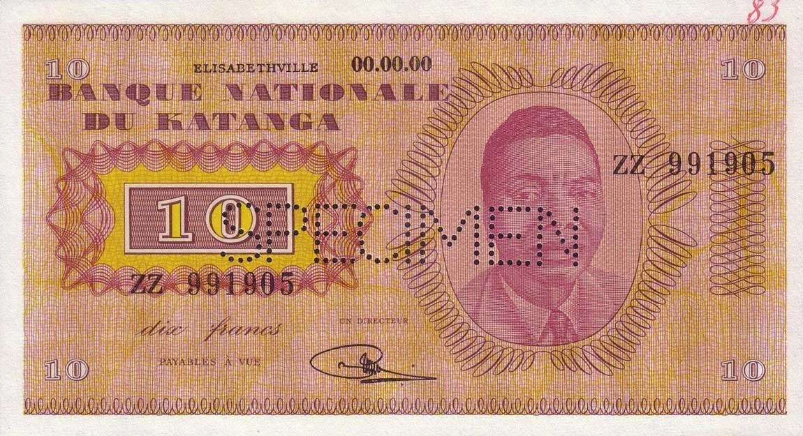 Front of Katanga p5s: 10 Francs from 1960