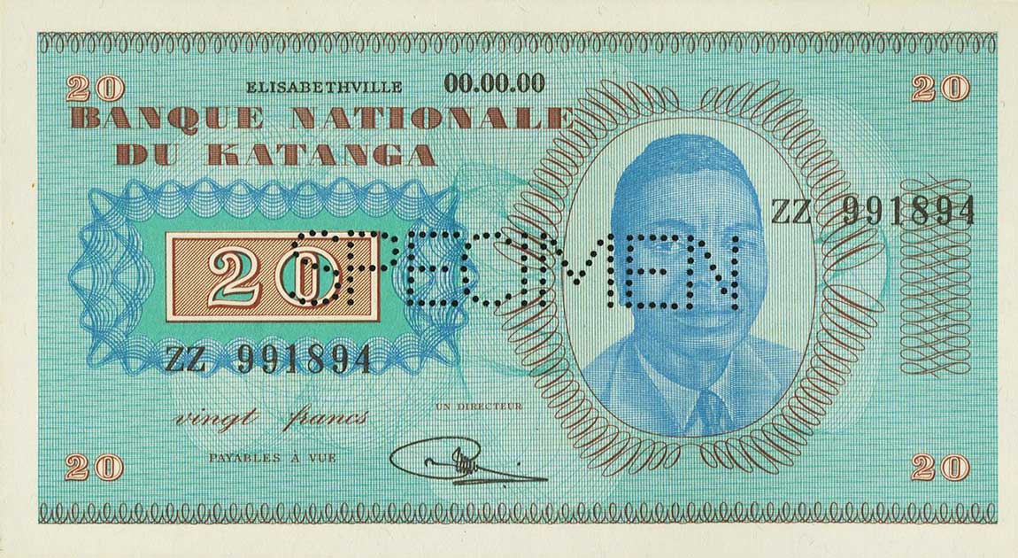 Front of Katanga p6s: 20 Francs from 1960