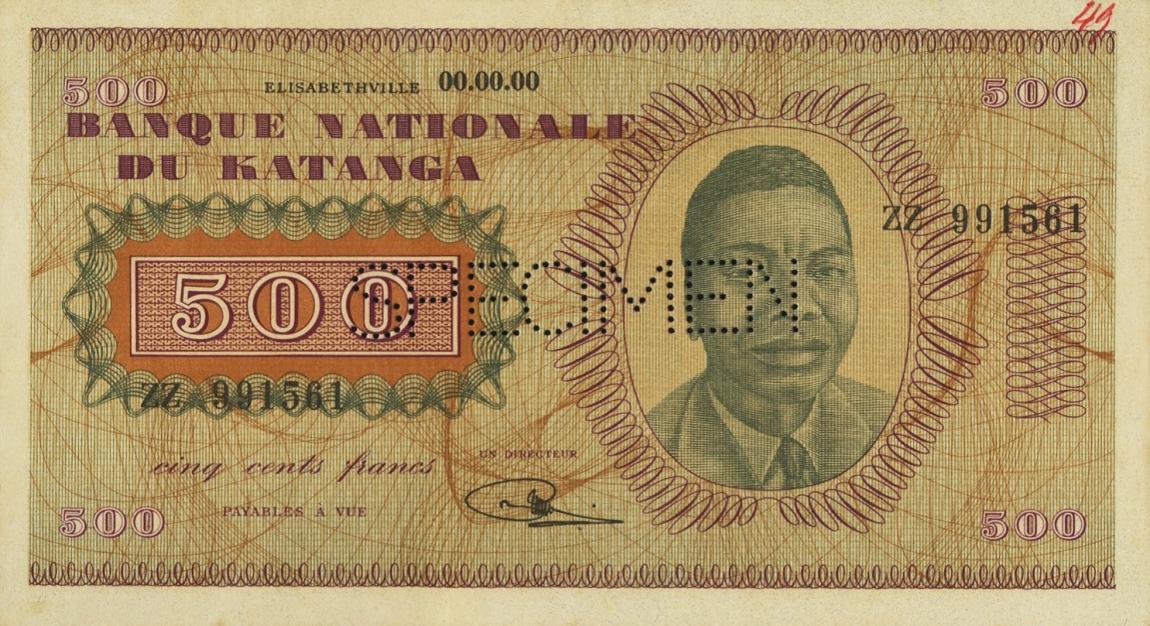 Front of Katanga p9s: 500 Francs from 1960