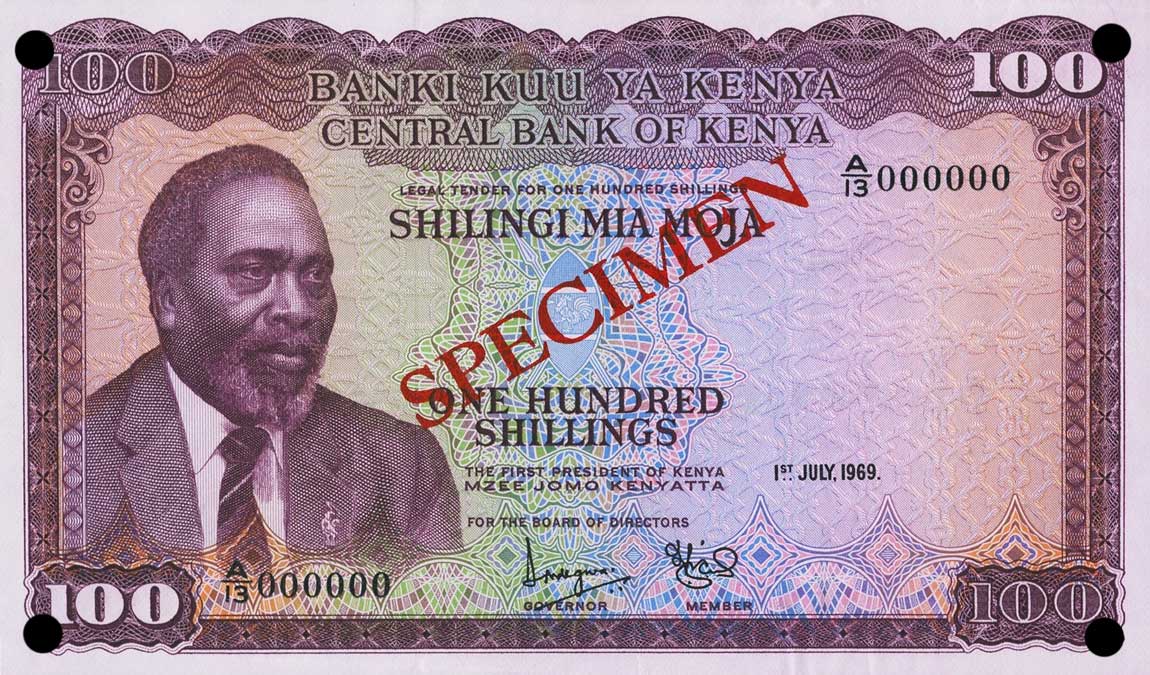 Front of Kenya p10s: 100 Shillings from 1969