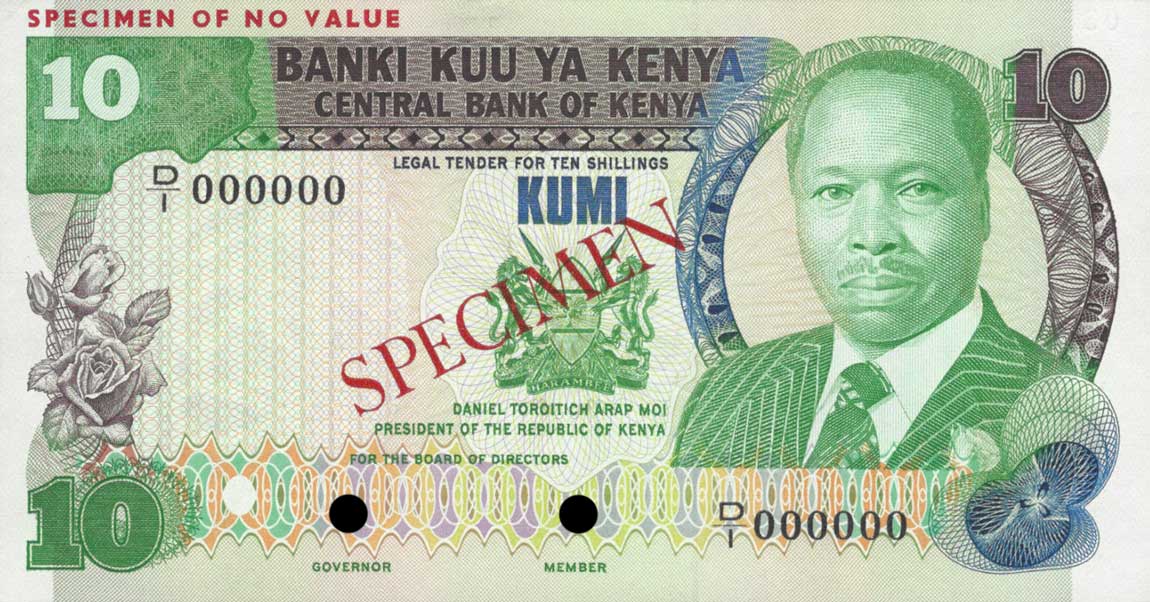 Front of Kenya p20s: 10 Shillings from 1981