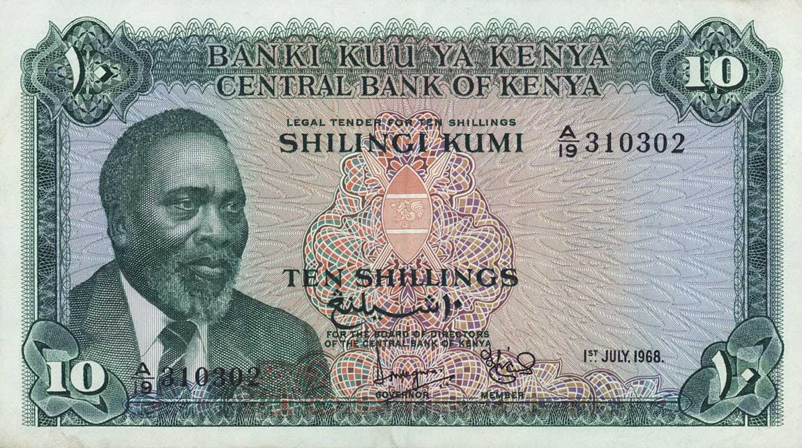 Front of Kenya p2c: 10 Shillings from 1968