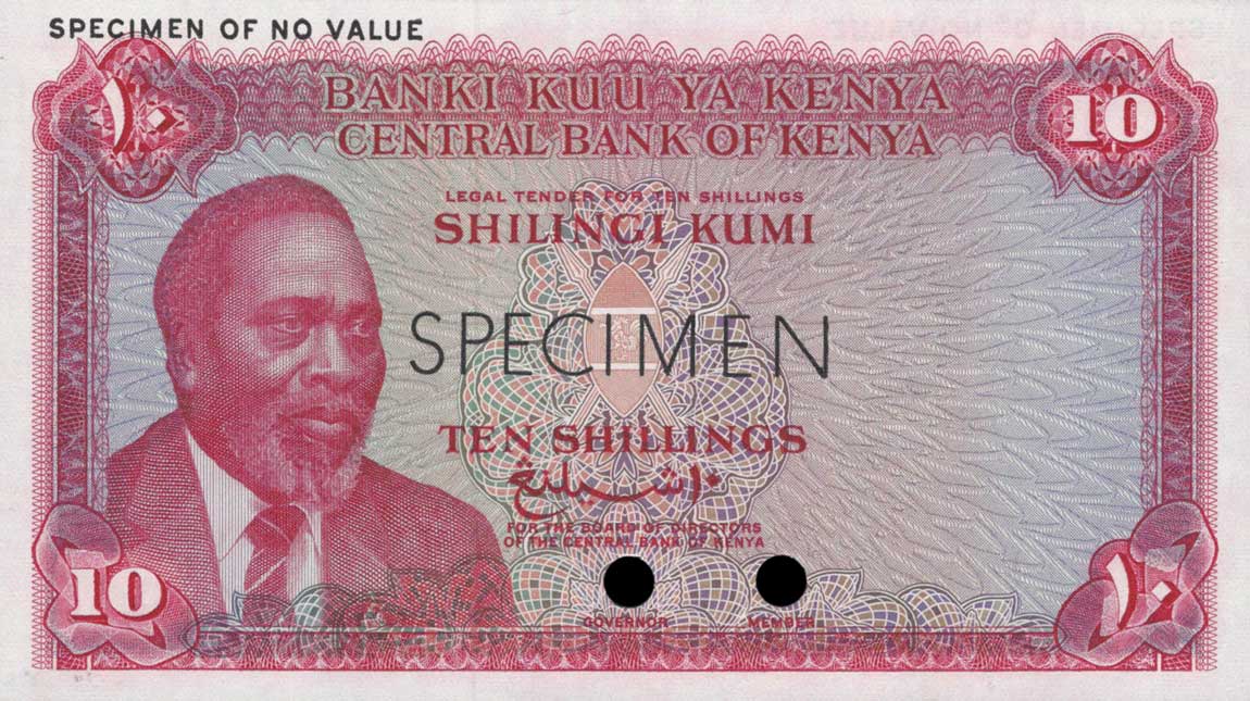 Front of Kenya p2ct: 10 Shillings from 1966