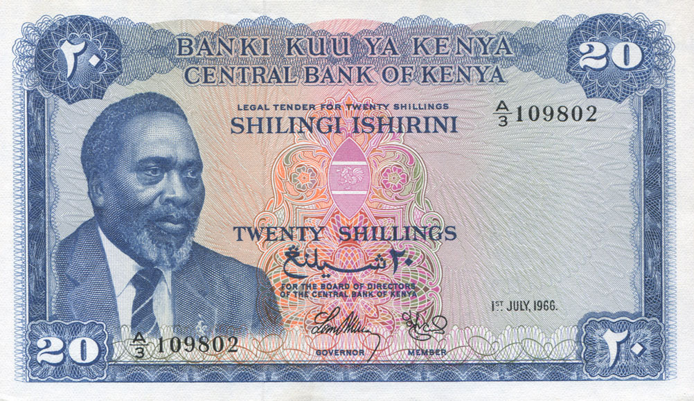 Front of Kenya p3a: 20 Shillings from 1966