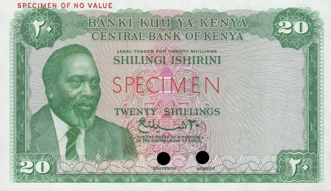 Front of Kenya p3ct: 20 Shillings from 1966