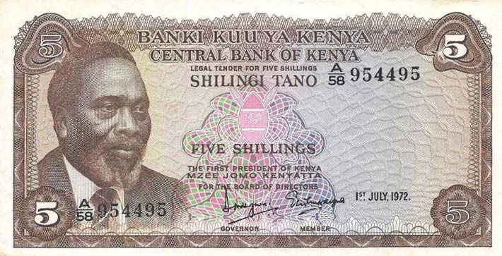 Front of Kenya p6c: 5 Shillings from 1972