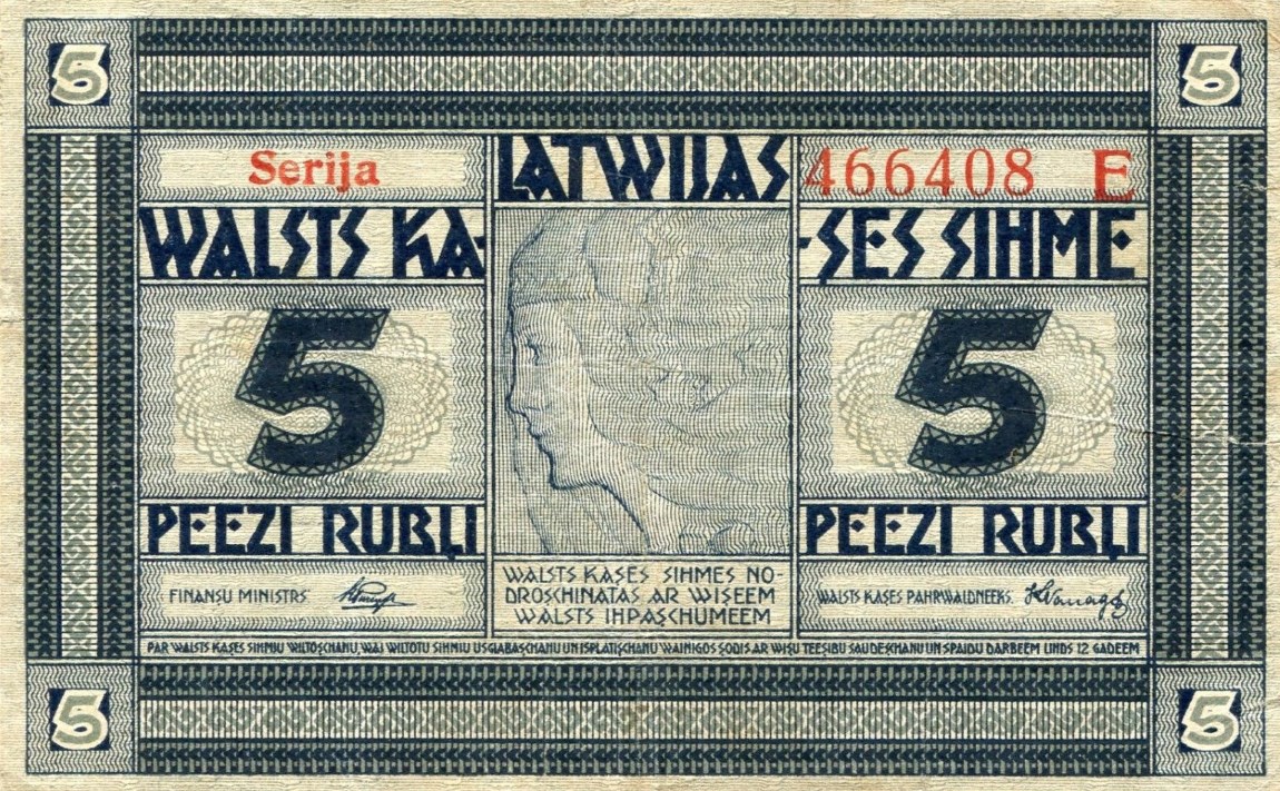 Front of Latvia p3e: 5 Rubli from 1919