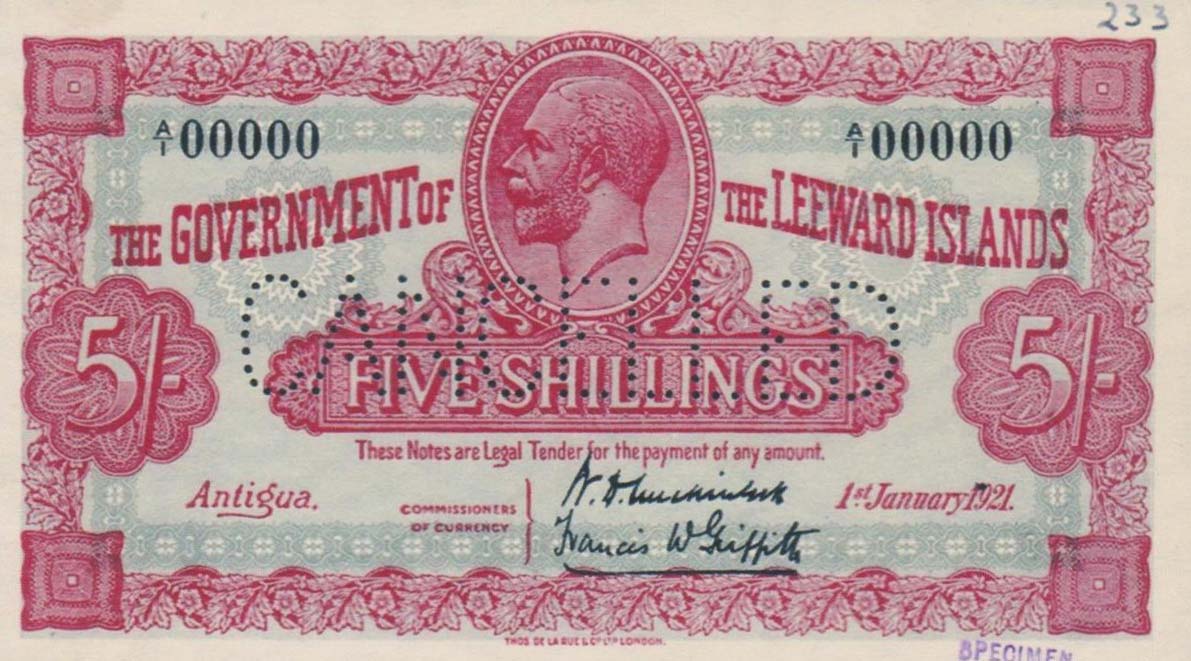 Front of Leeward Islands p1: 5 Shillings from 1921