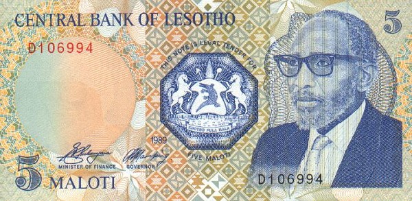 Front of Lesotho p10a: 5 Maloti from 1989