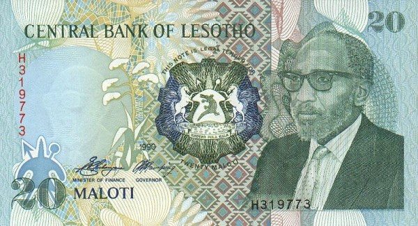 Front of Lesotho p12a: 20 Maloti from 1990