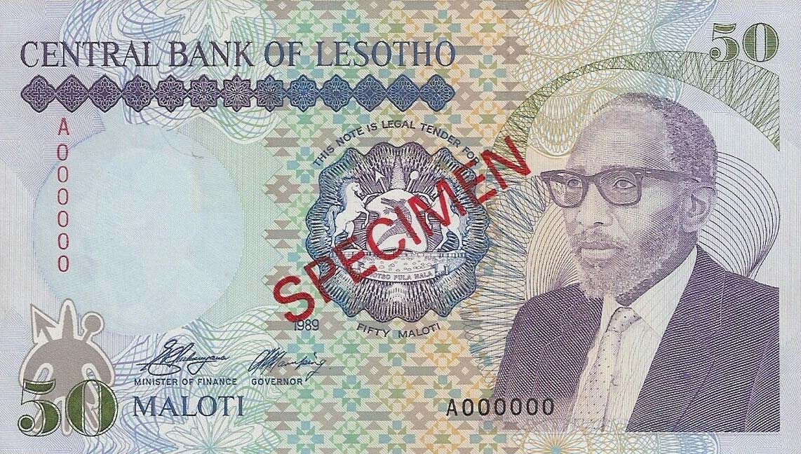Front of Lesotho p13s: 50 Maloti from 1989