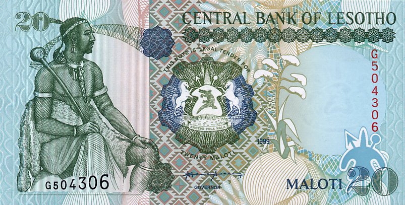 Front of Lesotho p16b: 20 Maloti from 1999