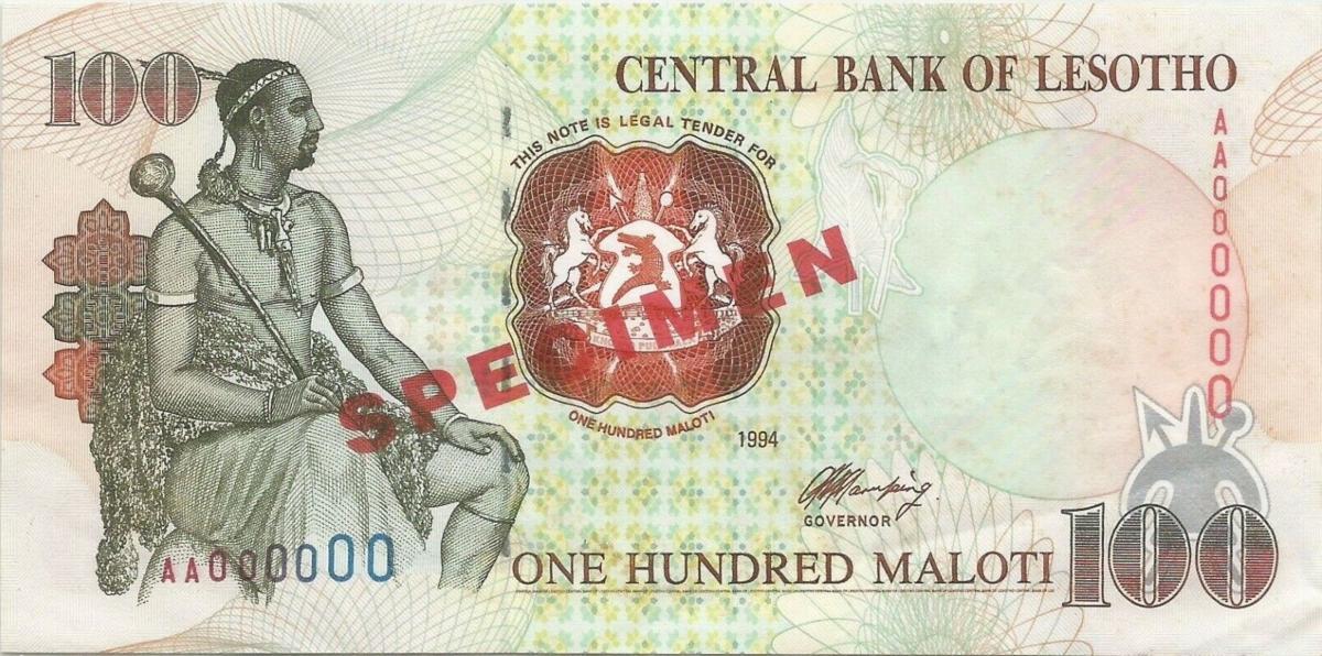 Front of Lesotho p18s: 100 Maloti from 1994
