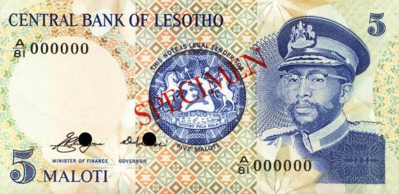 Front of Lesotho p5s: 5 Maloti from 1981
