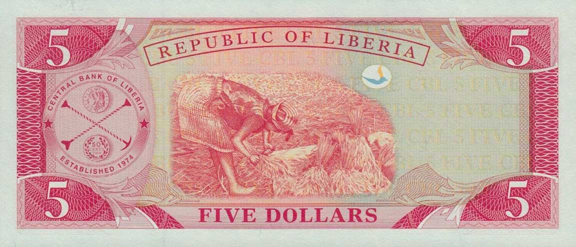 Back of Liberia p21: 5 Dollars from 1999