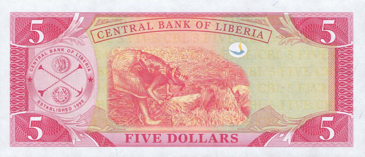 Back of Liberia p26f: 5 Dollars from 2011