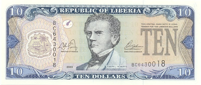 Front of Liberia p27a: 10 Dollars from 2003