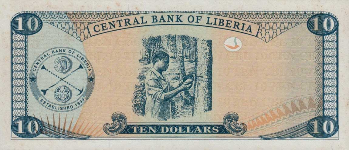 Back of Liberia p27d: 10 Dollars from 2008