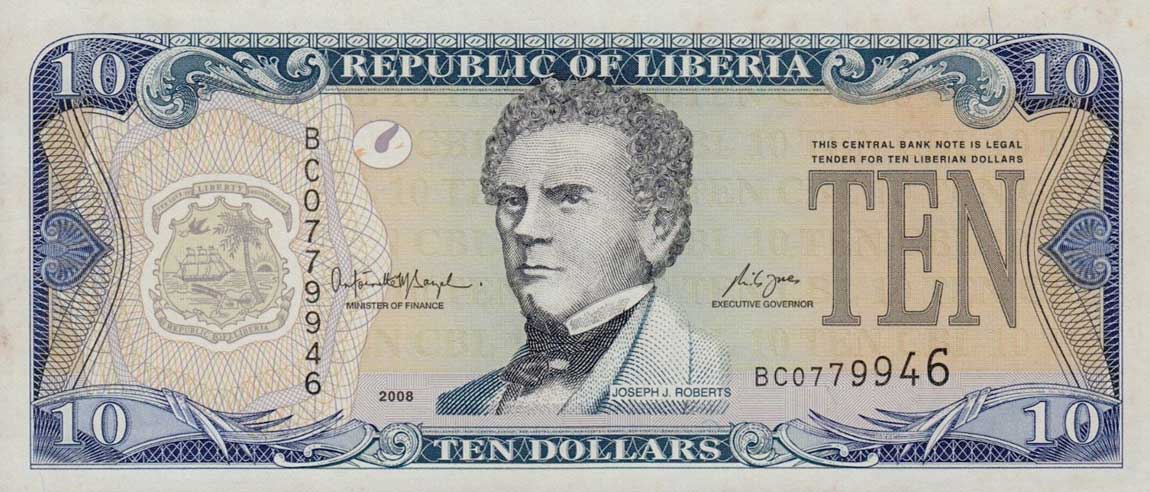 Front of Liberia p27d: 10 Dollars from 2008